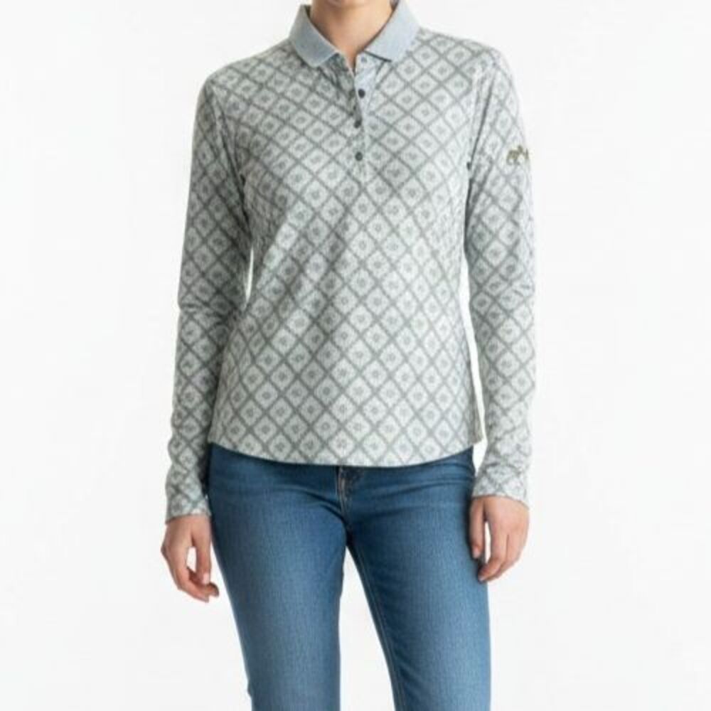 Greyson Moroccan Sun Scarlett Long Sleeve Polo Shirt Women S Blue Kissing Camels